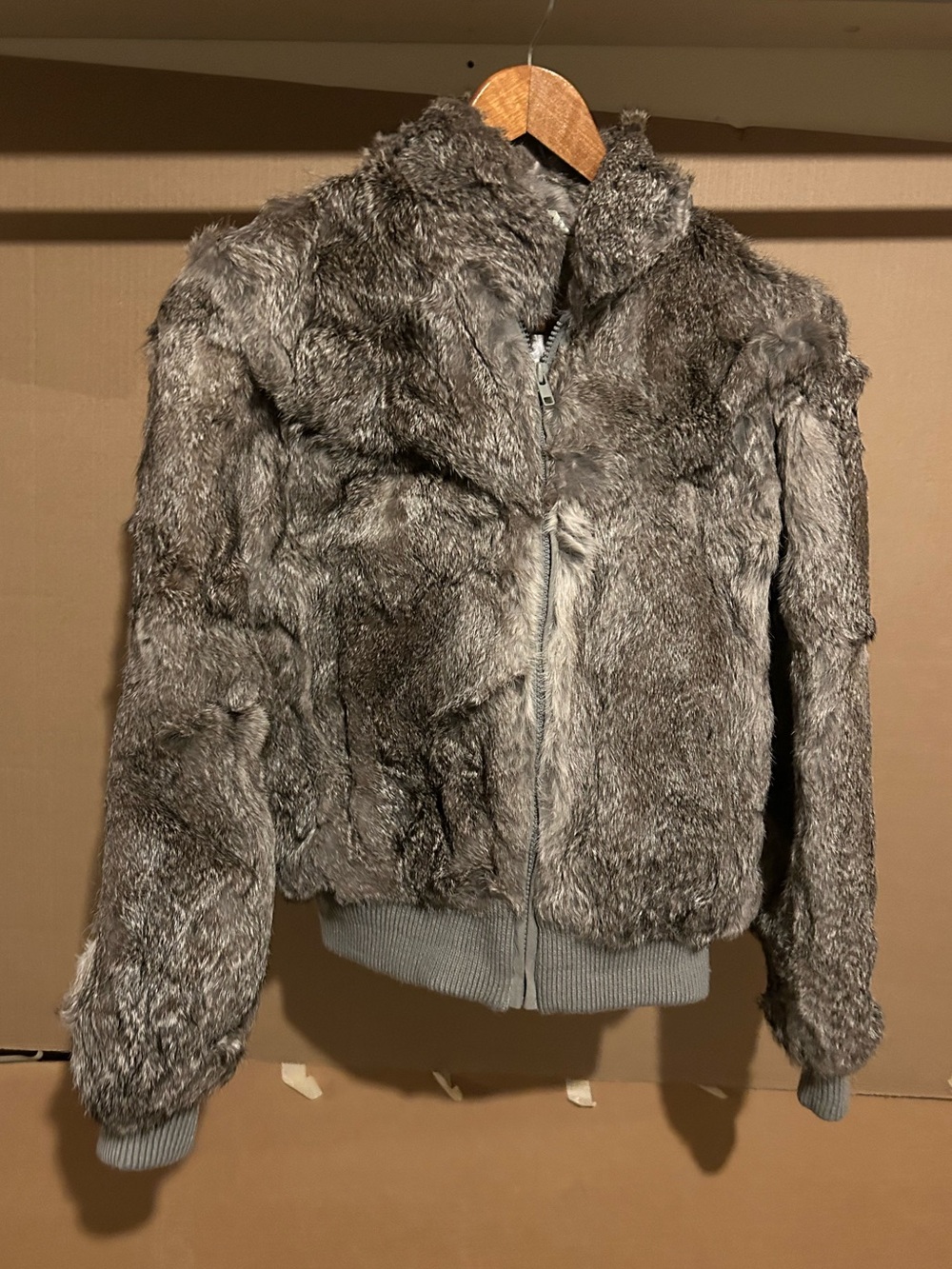 Women’s Grey Rabbit Fur Bomber Jacket